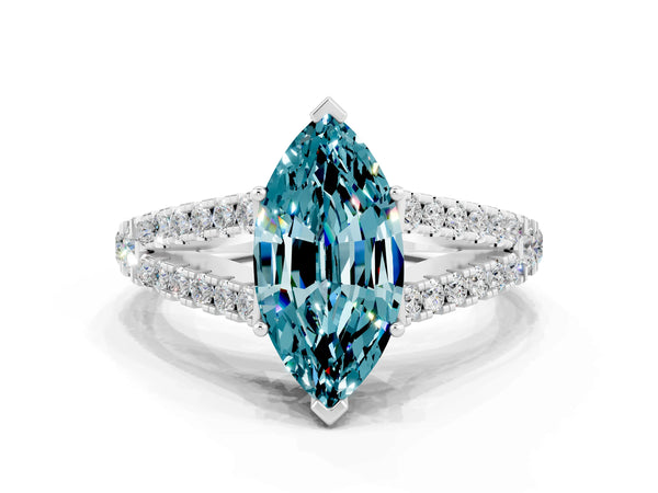 White gold Marquise Cut Blue Topaz Split Shank Pavé Engagement Ring with Four-Prong Setting