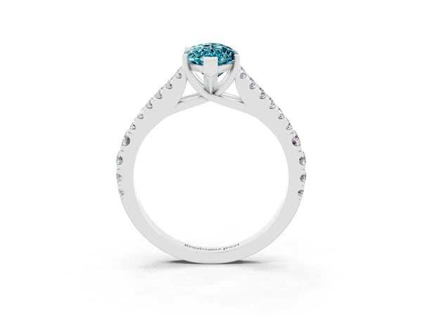 Platinum Marquise Cut Blue Topaz Split Shank Pavé Engagement Ring with Four-Prong Setting