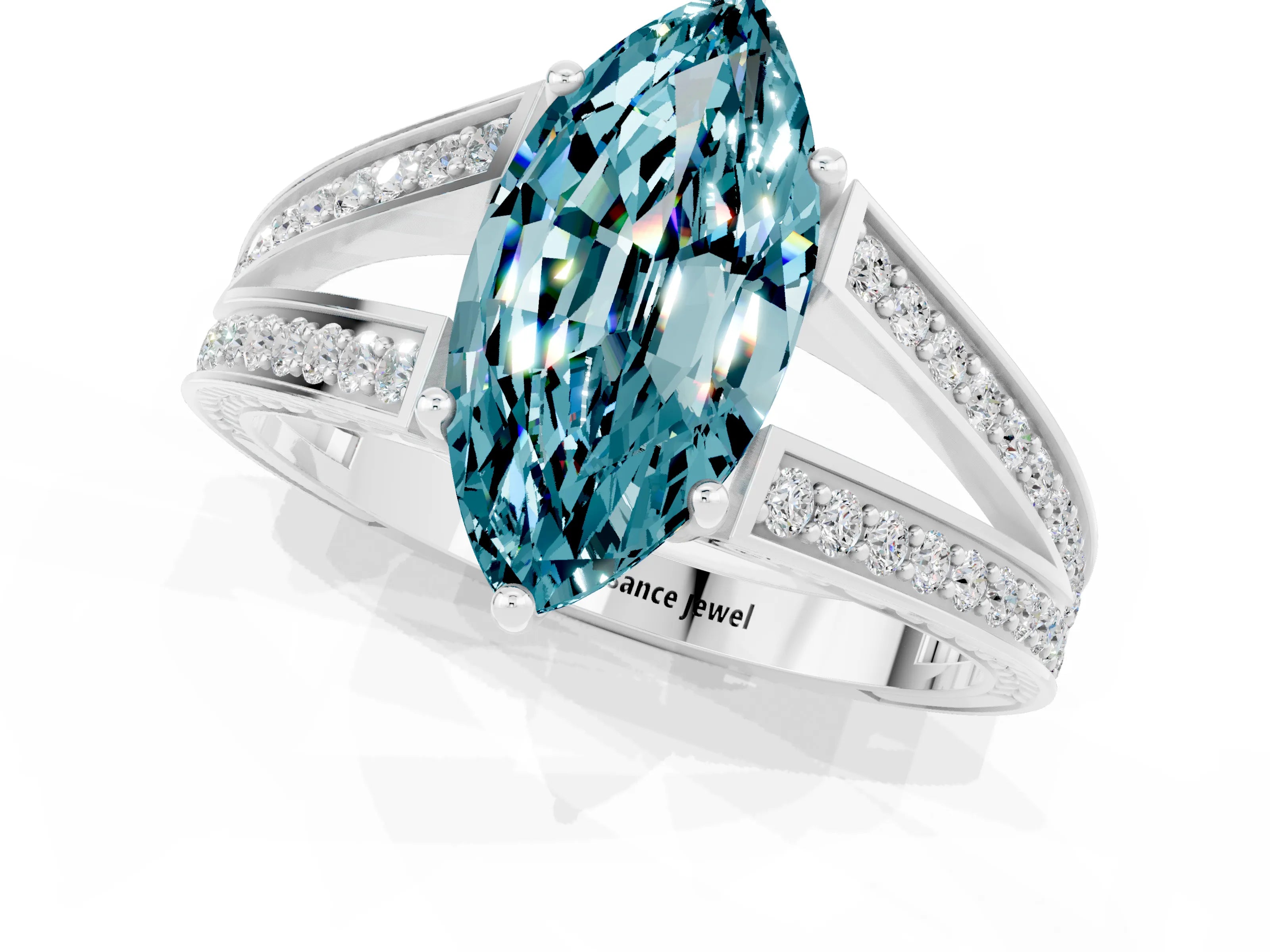 White gold Marquise Cut Blue Topaz Split Shank Ring with Pavé Band and Four-Prong Setting_1