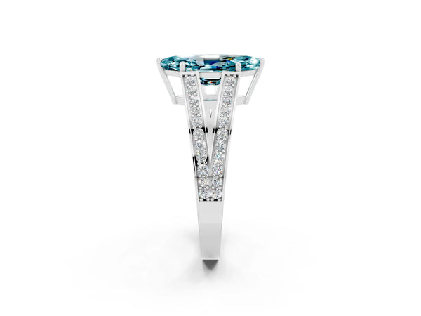 Platinum Marquise Cut Blue Topaz Split Shank Ring with Pavé Band and Four-Prong Setting
