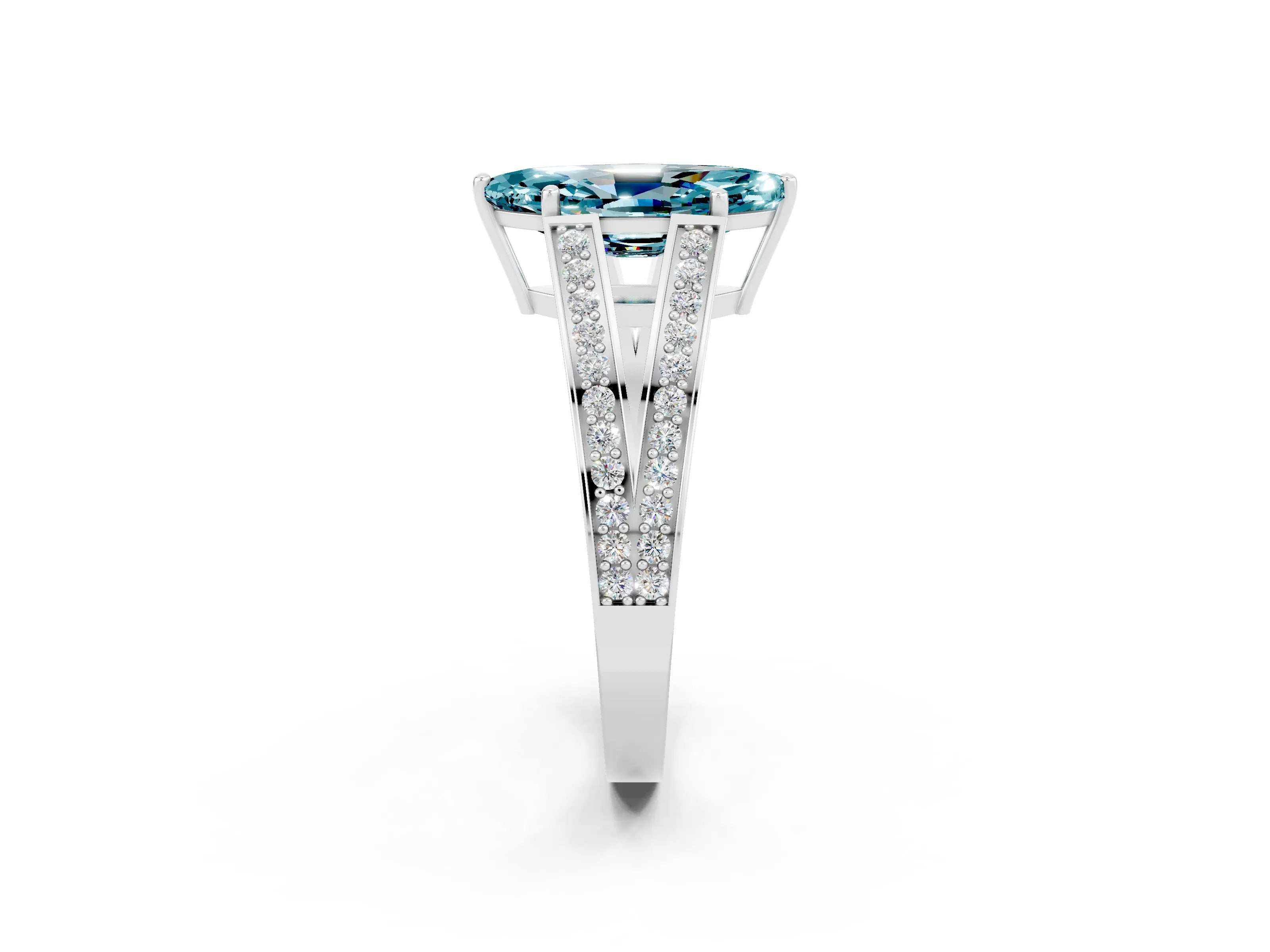 White gold Marquise Cut Blue Topaz Split Shank Ring with Pavé Band and Four-Prong Setting_2