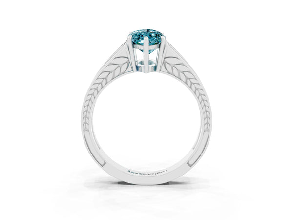 Silver Marquise Cut Blue Topaz Split Shank Ring with Pavé Band and Four-Prong Setting
