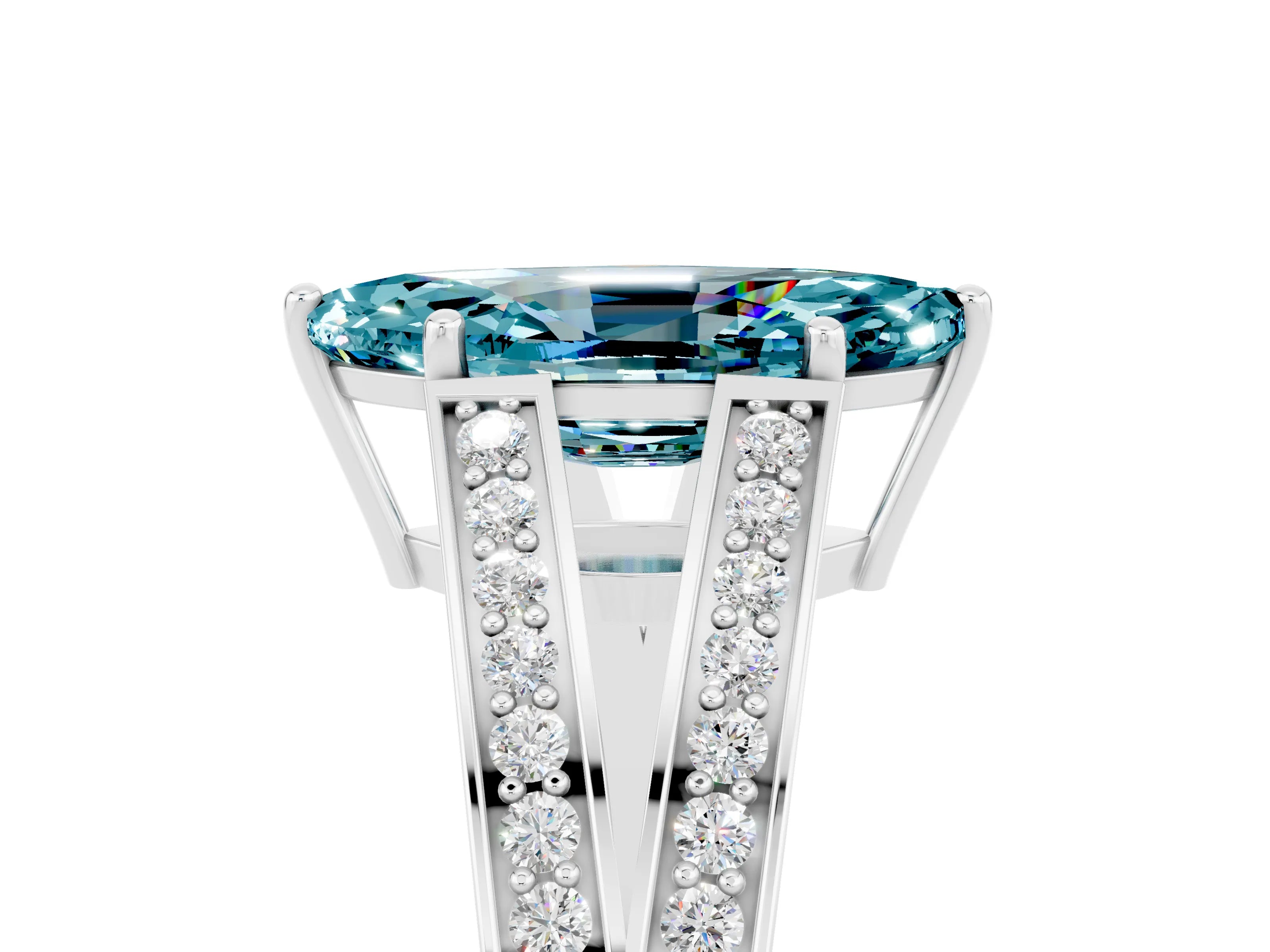 White gold Marquise Cut Blue Topaz Split Shank Ring with Pavé Band and Four-Prong Setting_5
