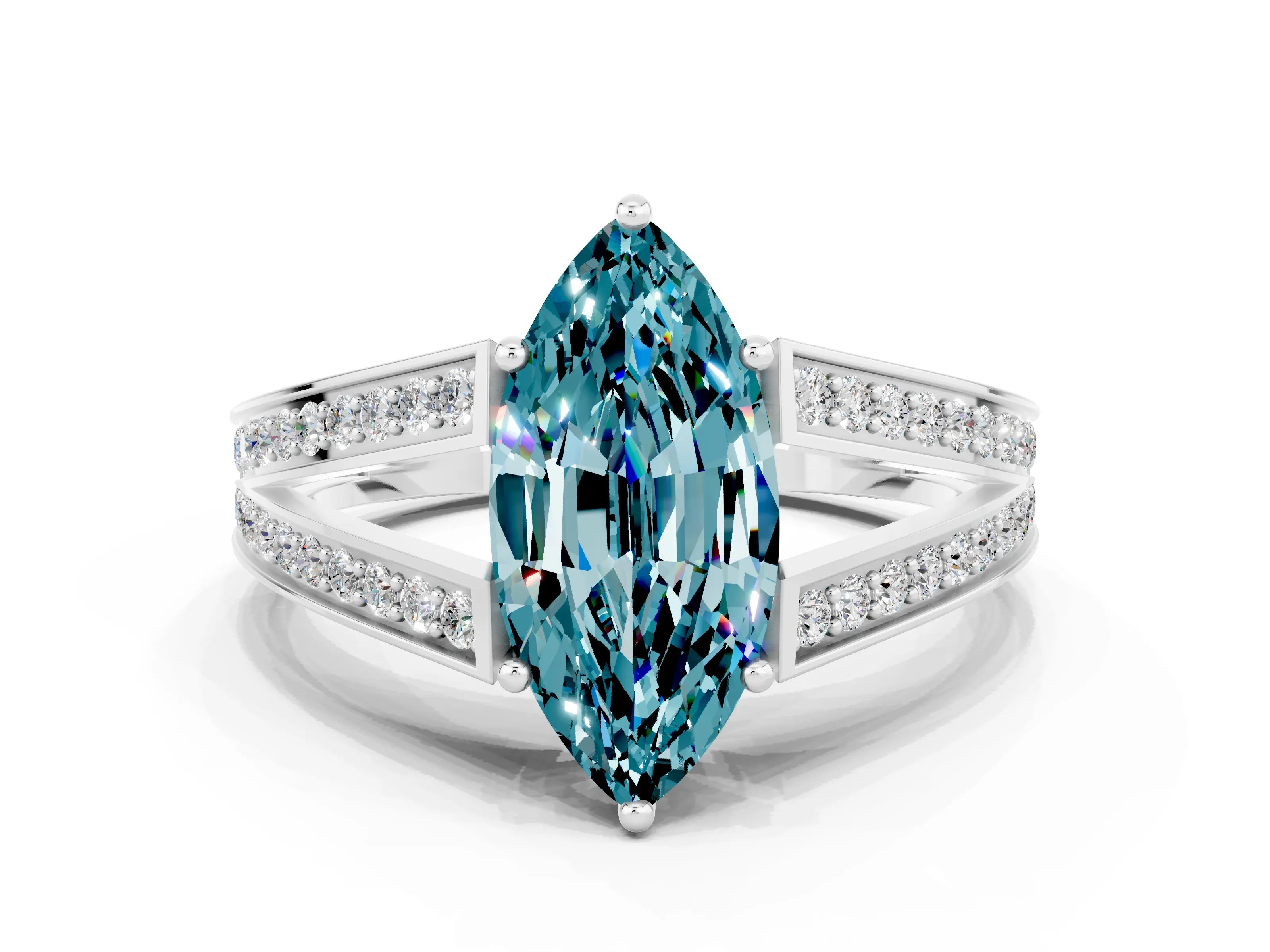 White gold Marquise Cut Blue Topaz Split Shank Ring with Pavé Band and Four-Prong Setting