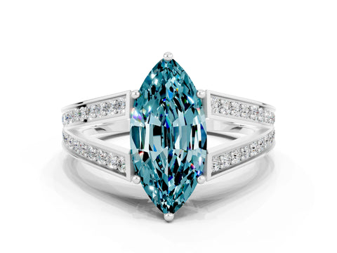 White gold Marquise Cut Blue Topaz Split Shank Ring with Pavé Band and Four-Prong Setting