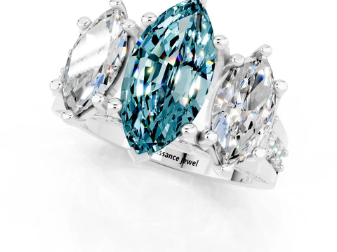 White gold Marquise Cut Blue Topaz Three-Stone Ring with Channel Set Band and Four-Prong Setting_1