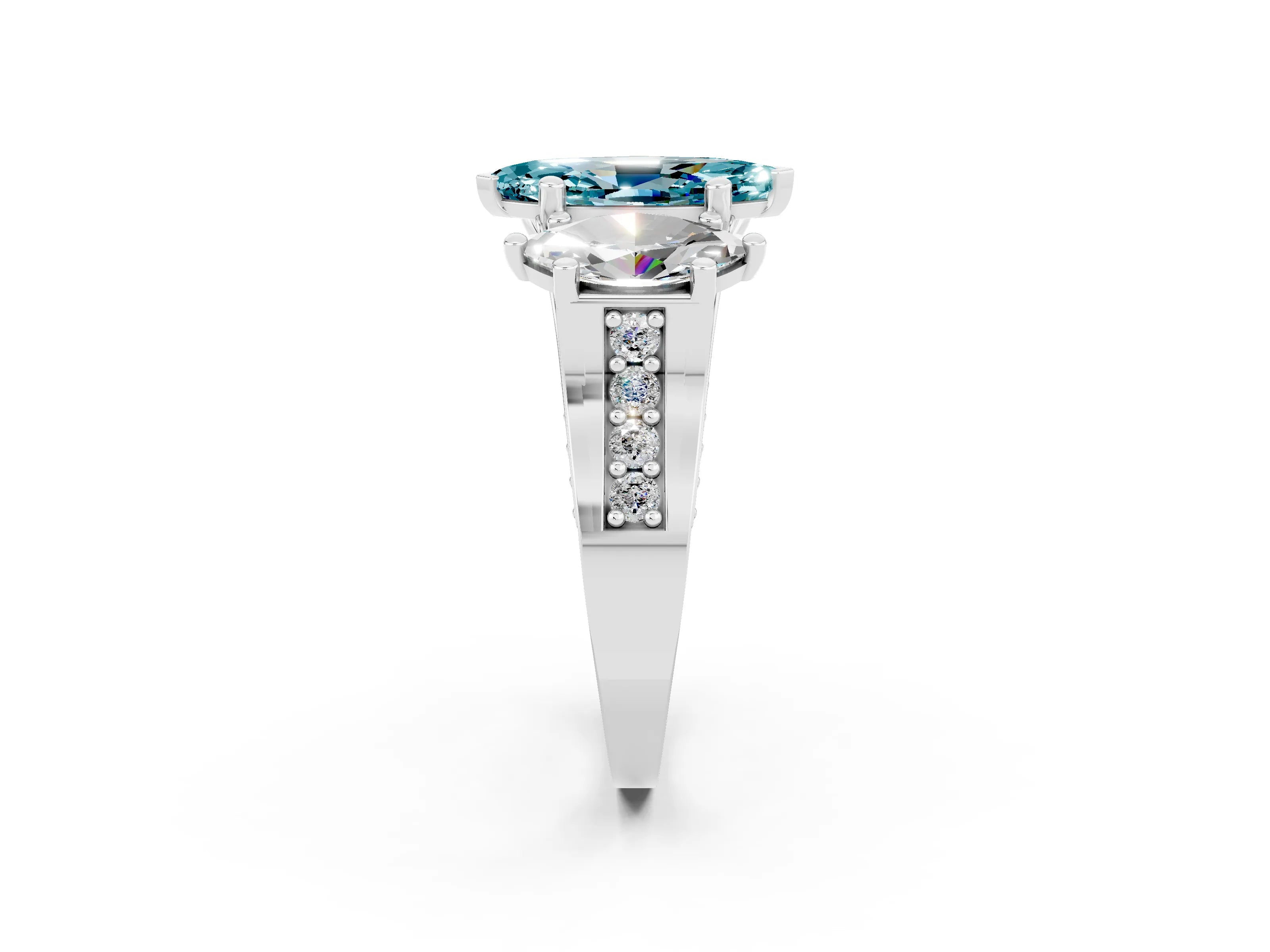 White gold Marquise Cut Blue Topaz Three-Stone Ring with Channel Set Band and Four-Prong Setting_2