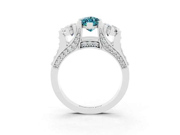 Platinum Marquise Cut Blue Topaz Three-Stone Ring with Channel Set Band and Four-Prong Setting
