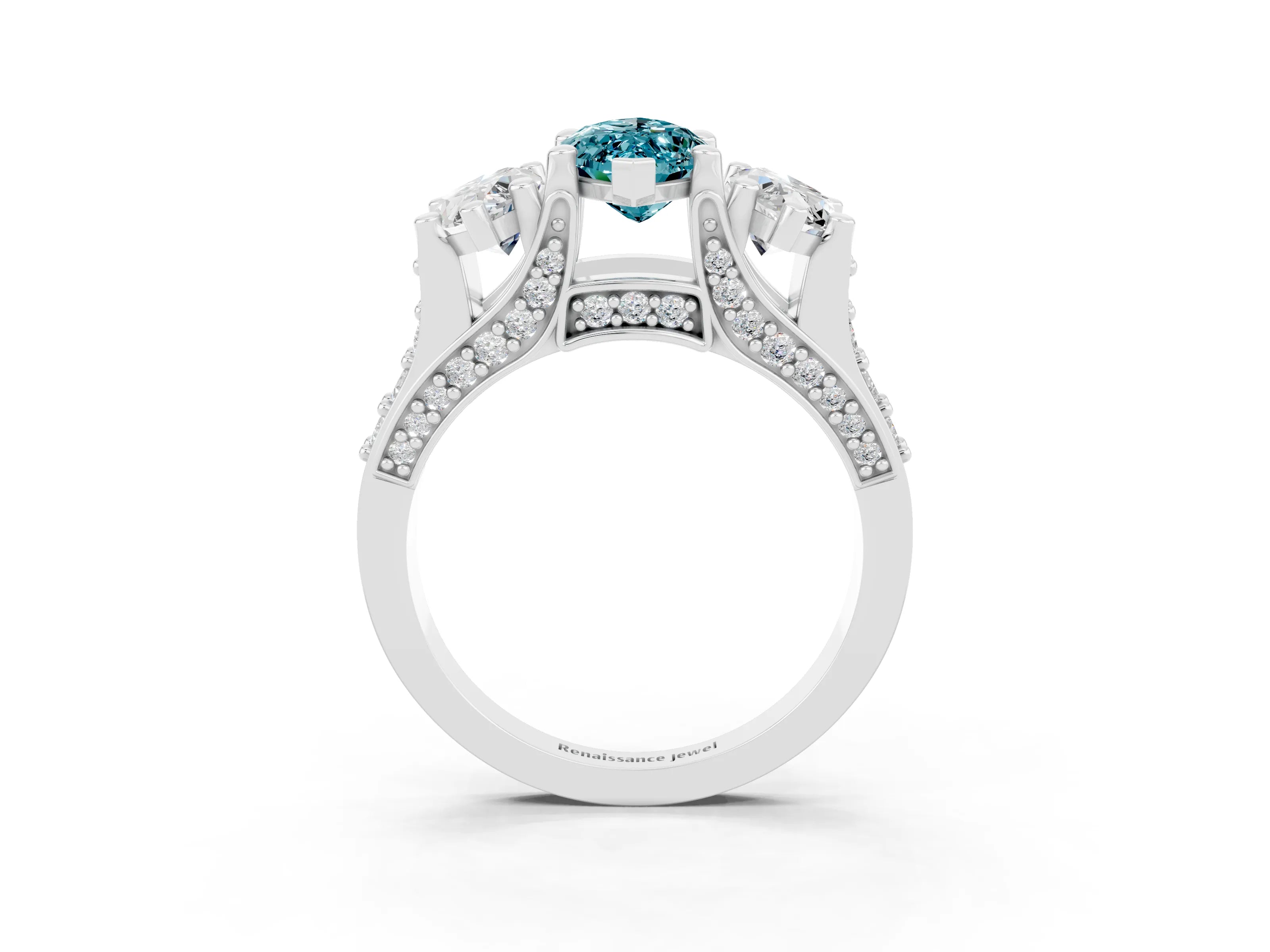 White gold Marquise Cut Blue Topaz Three-Stone Ring with Channel Set Band and Four-Prong Setting_3