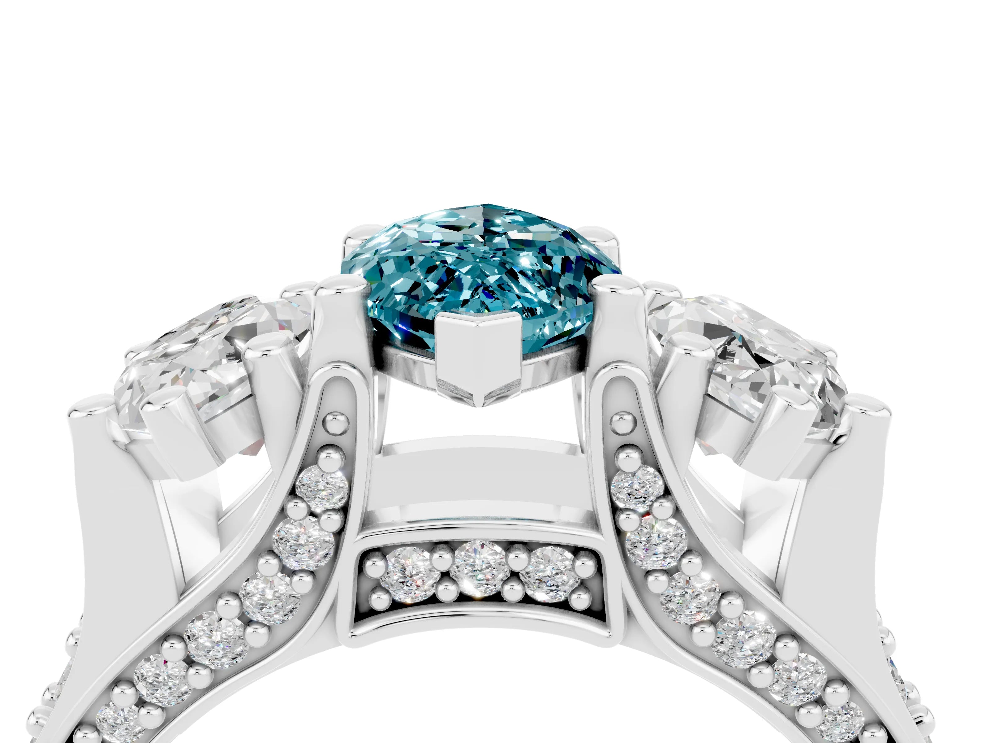 White gold Marquise Cut Blue Topaz Three-Stone Ring with Channel Set Band and Four-Prong Setting_4