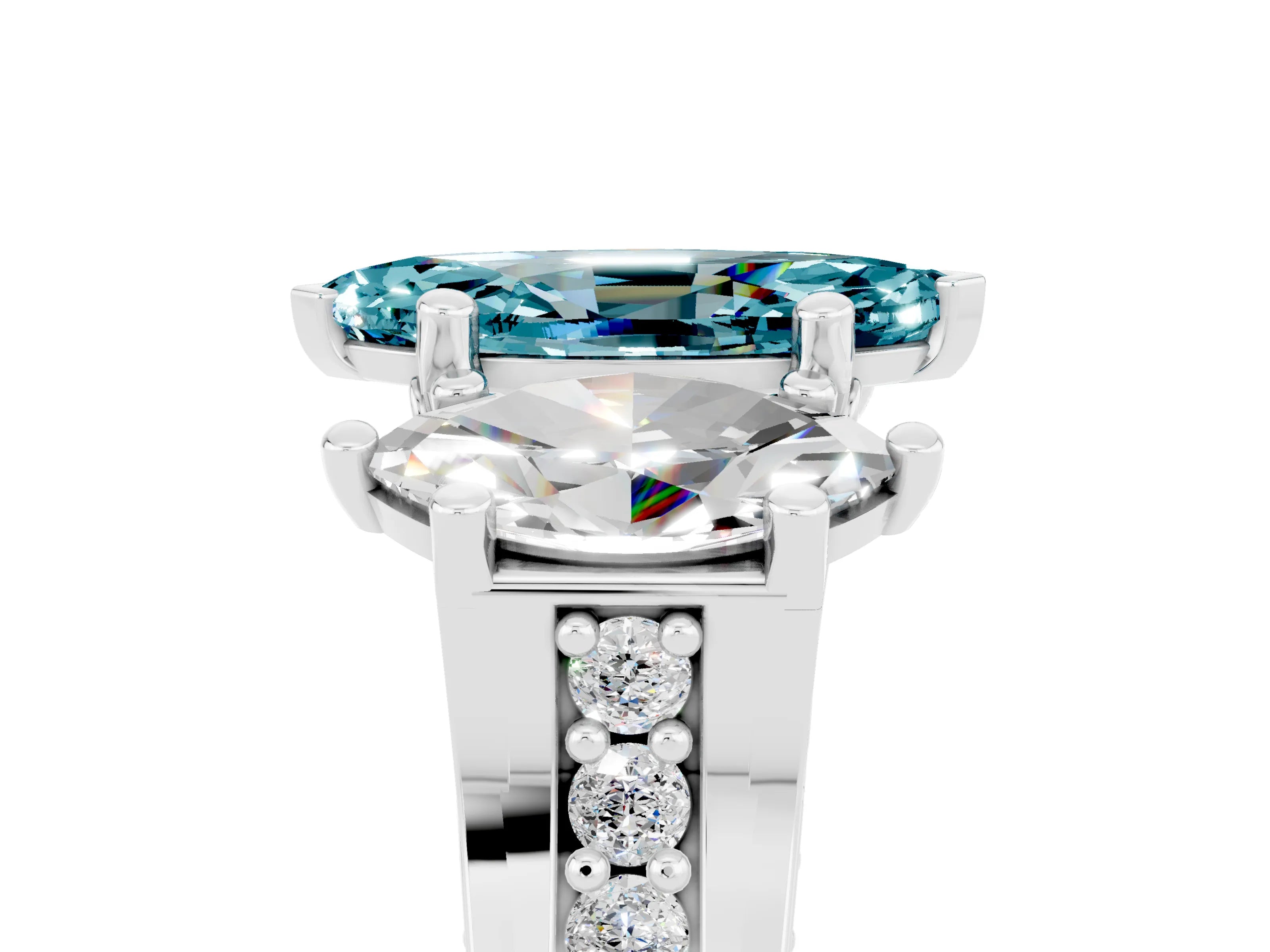 White gold Marquise Cut Blue Topaz Three-Stone Ring with Channel Set Band and Four-Prong Setting_5