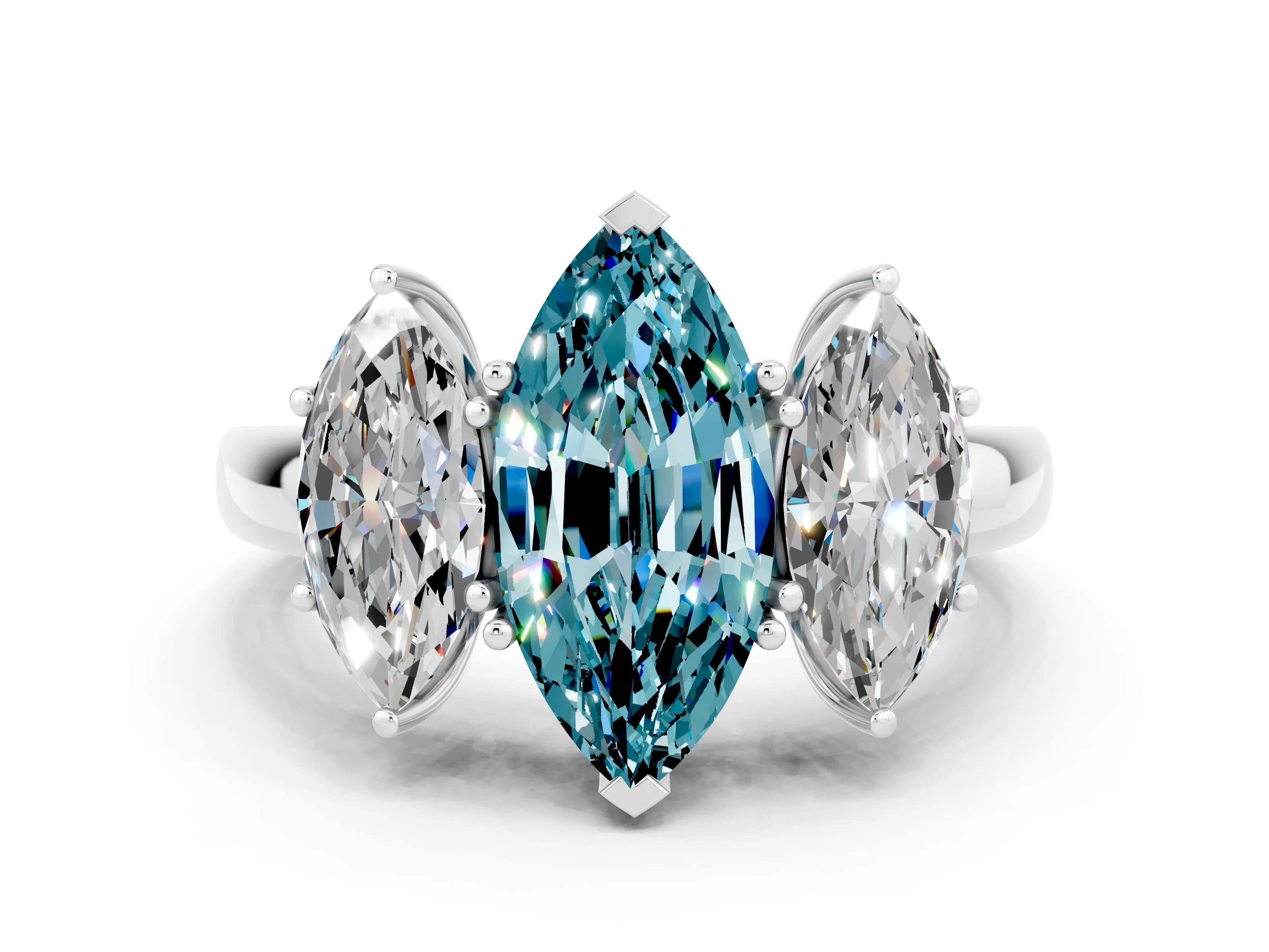 White gold Marquise Cut Blue Topaz Three-Stone Ring with Four-Prong Setting and Classic Band
