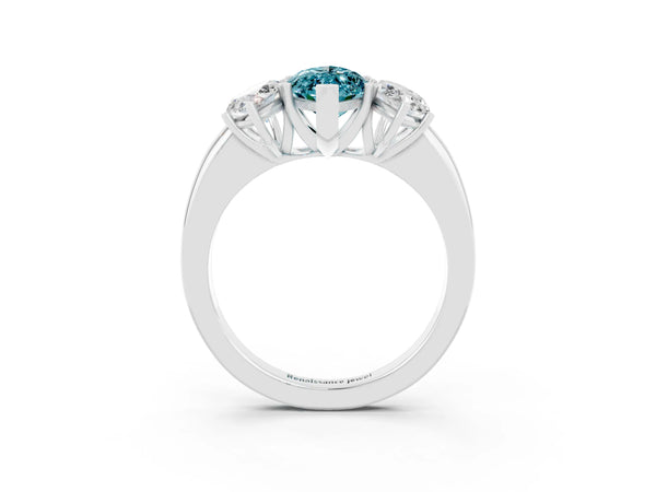 Silver Marquise Cut Blue Topaz Three-Stone Ring with Four-Prong Setting and Classic Band