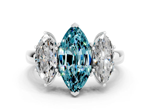 White gold Marquise Cut Blue Topaz Three-Stone Ring with Four-Prong Setting and Classic Band