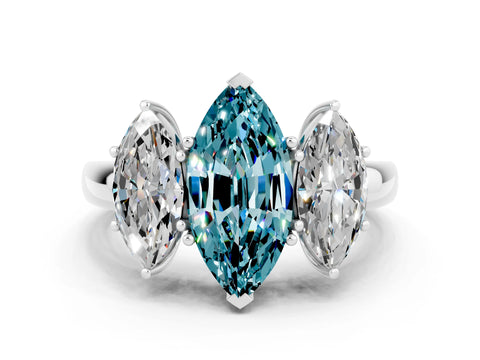 White gold Marquise Cut Blue Topaz Three-Stone Ring with Four-Prong Setting and Classic Band