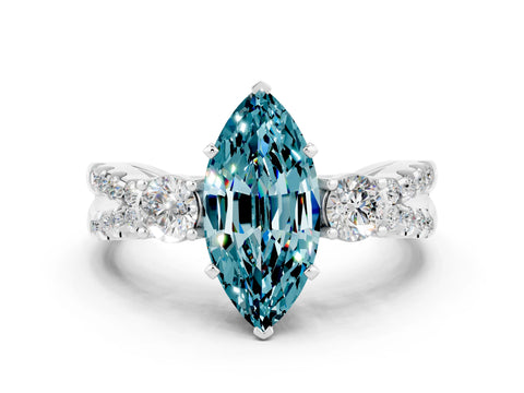 White gold Marquise Cut Blue Topaz Three-Stone Ring with Pavé Split Shank and Four-Prong Setting_12