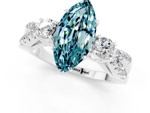 White gold Marquise Cut Blue Topaz Three-Stone Ring with Pavé Split Shank and Four-Prong Setting_13