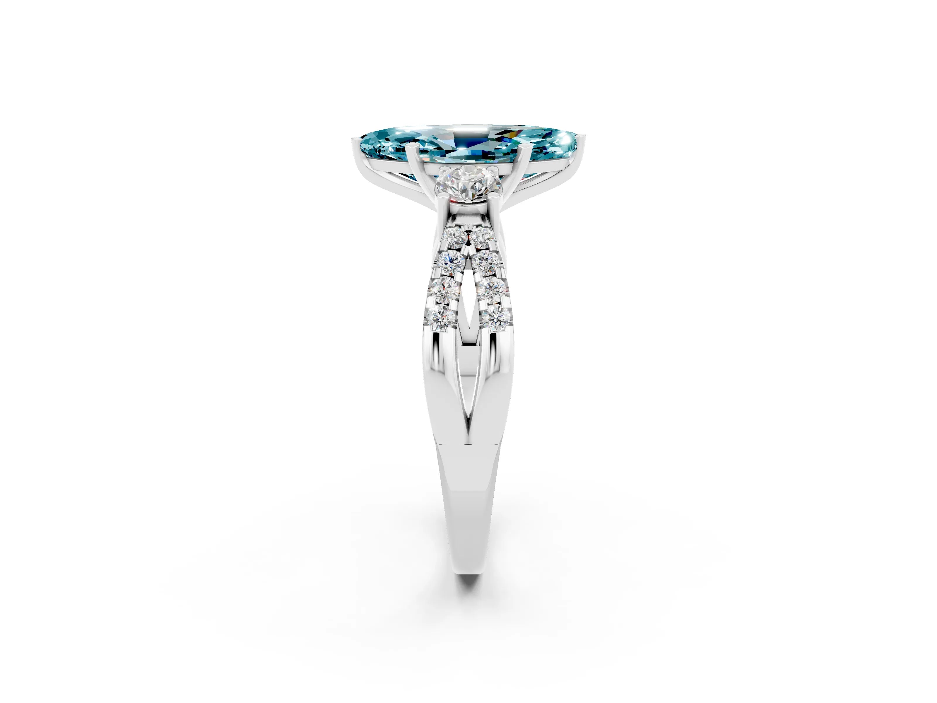 White gold Marquise Cut Blue Topaz Three-Stone Ring with Pavé Split Shank and Four-Prong Setting_14