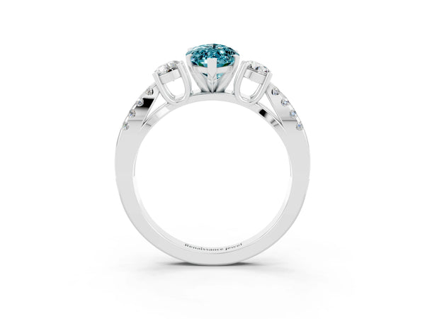 Platinum Marquise Cut Blue Topaz Three-Stone Ring with Pavé Split Shank and Four-Prong Setting