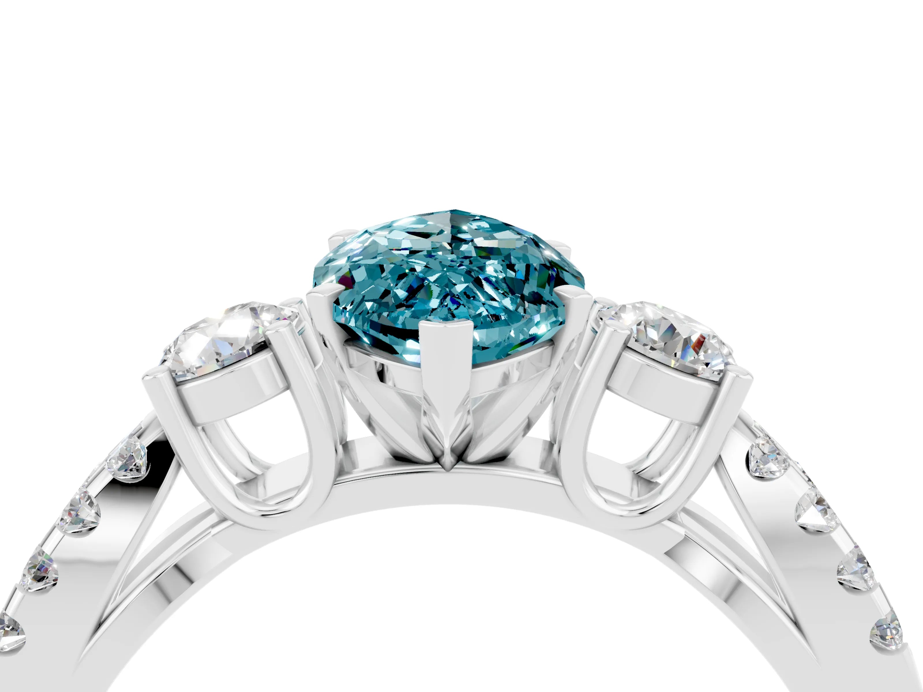 White gold Marquise Cut Blue Topaz Three-Stone Ring with Pavé Split Shank and Four-Prong Setting_16