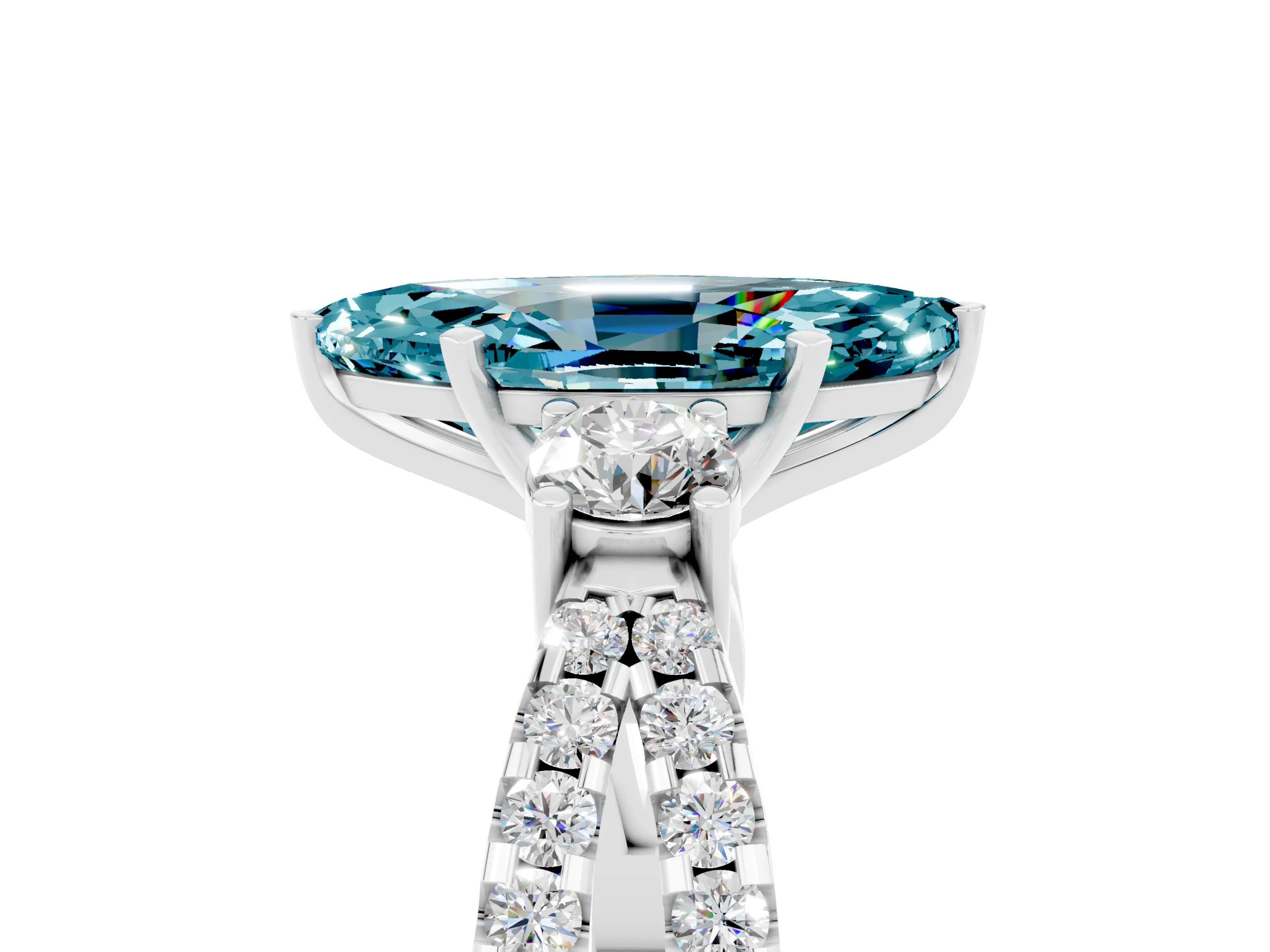 White gold Marquise Cut Blue Topaz Three-Stone Ring with Pavé Split Shank and Four-Prong Setting_17