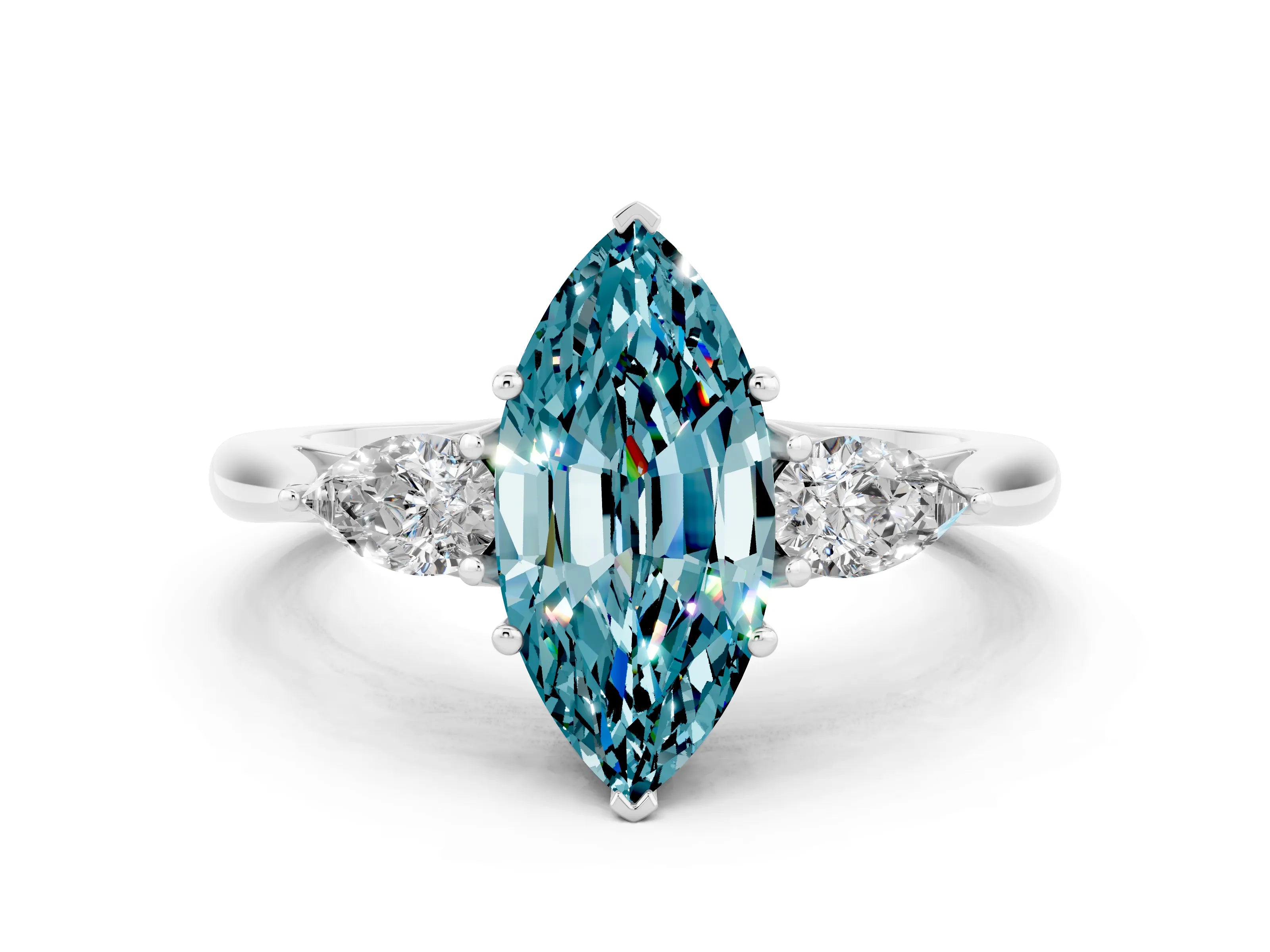 White gold Marquise Cut Blue Topaz Three-Stone Ring with Pear Side Stones and Four-Prong Setting_12