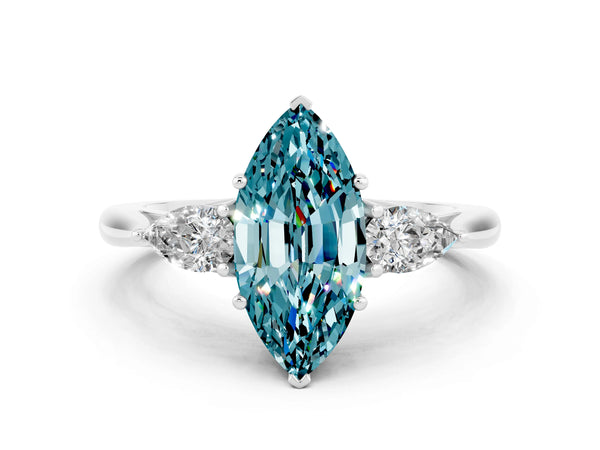 Silver Marquise Cut Blue Topaz Three-Stone Ring with Pear  Side Stones and Prong Setting