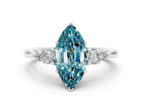 White gold Marquise Cut Blue Topaz Three-Stone Ring with Pear Side Stones and Four-Prong Setting_12