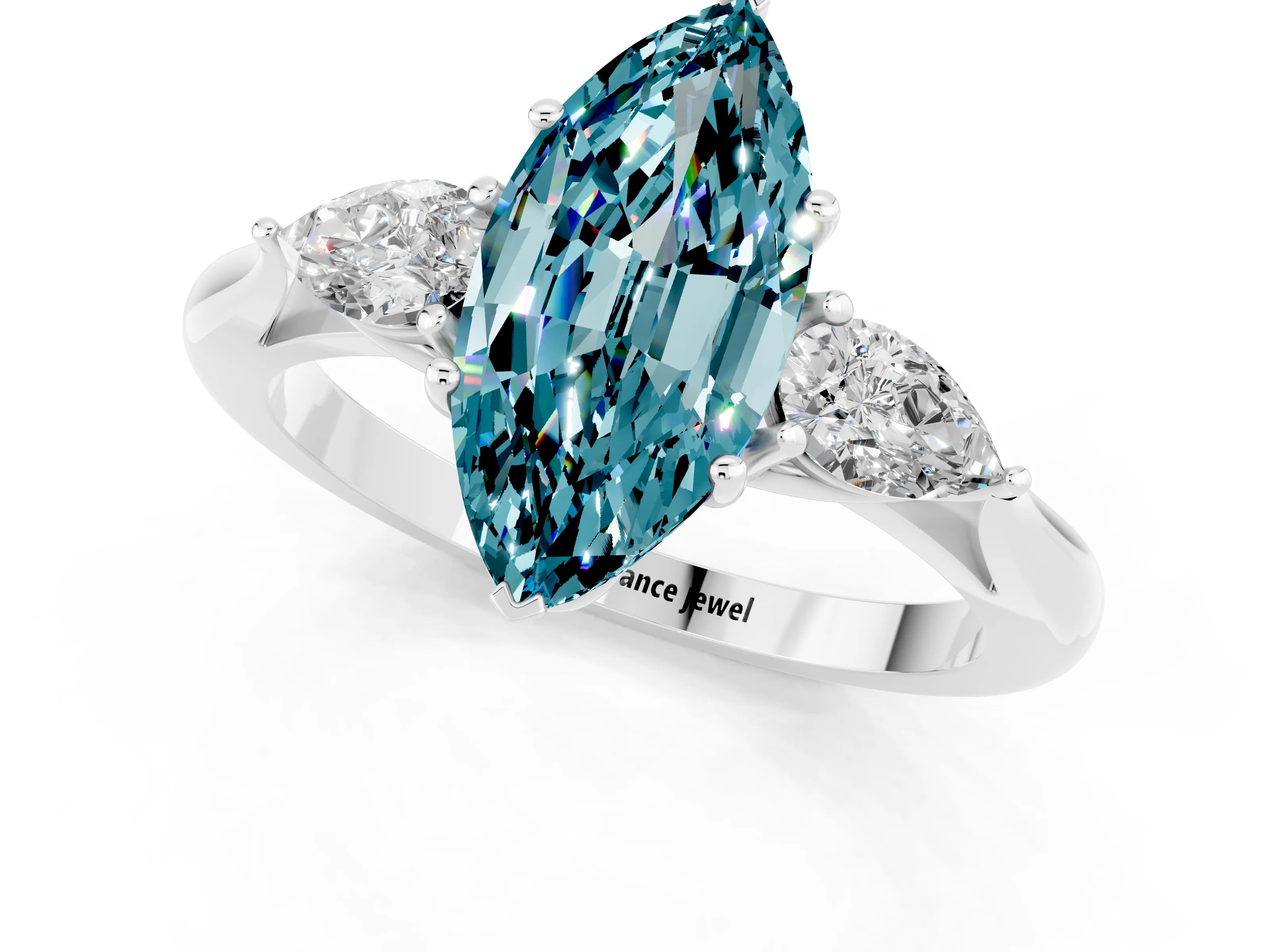 White gold Marquise Cut Blue Topaz Three-Stone Ring with Pear Side Stones and Four-Prong Setting_13