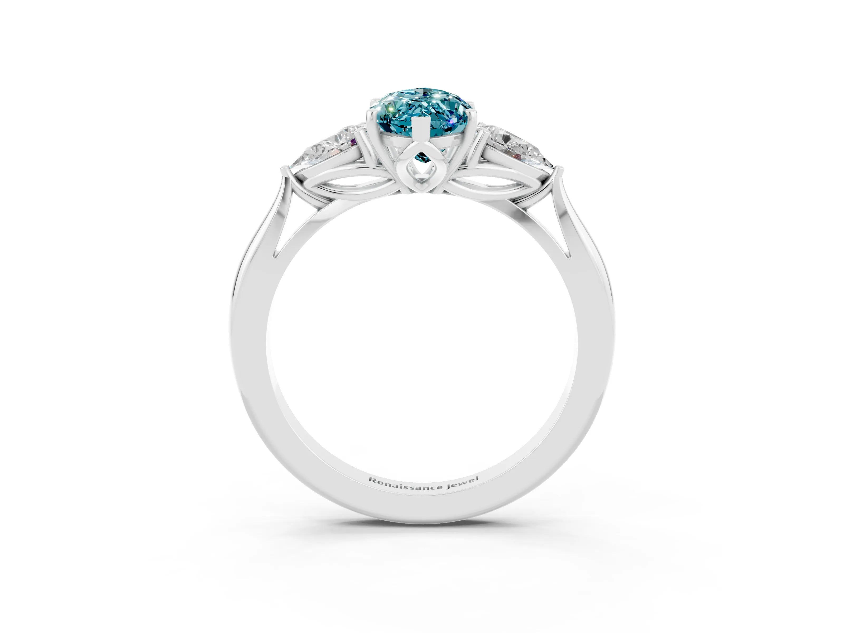 White gold Marquise Cut Blue Topaz Three-Stone Ring with Pear Side Stones and Four-Prong Setting_15
