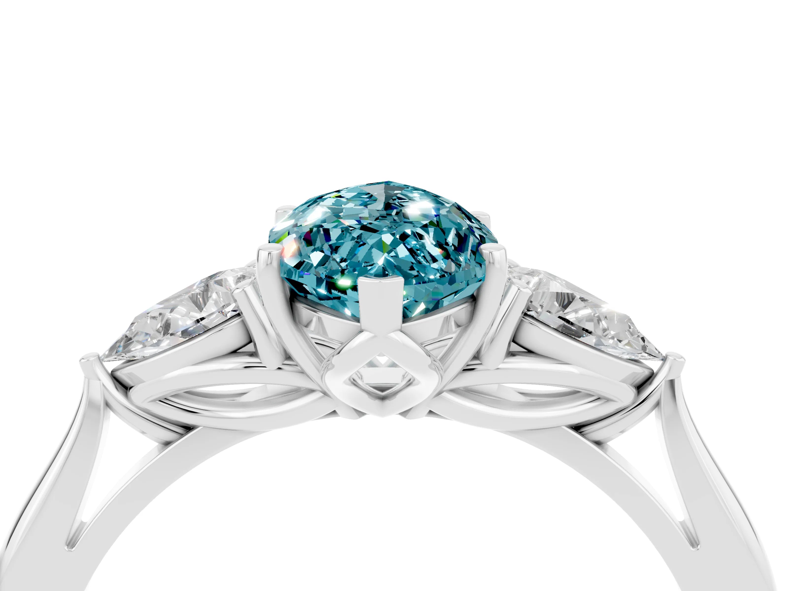 White gold Marquise Cut Blue Topaz Three-Stone Ring with Pear Side Stones and Four-Prong Setting_16