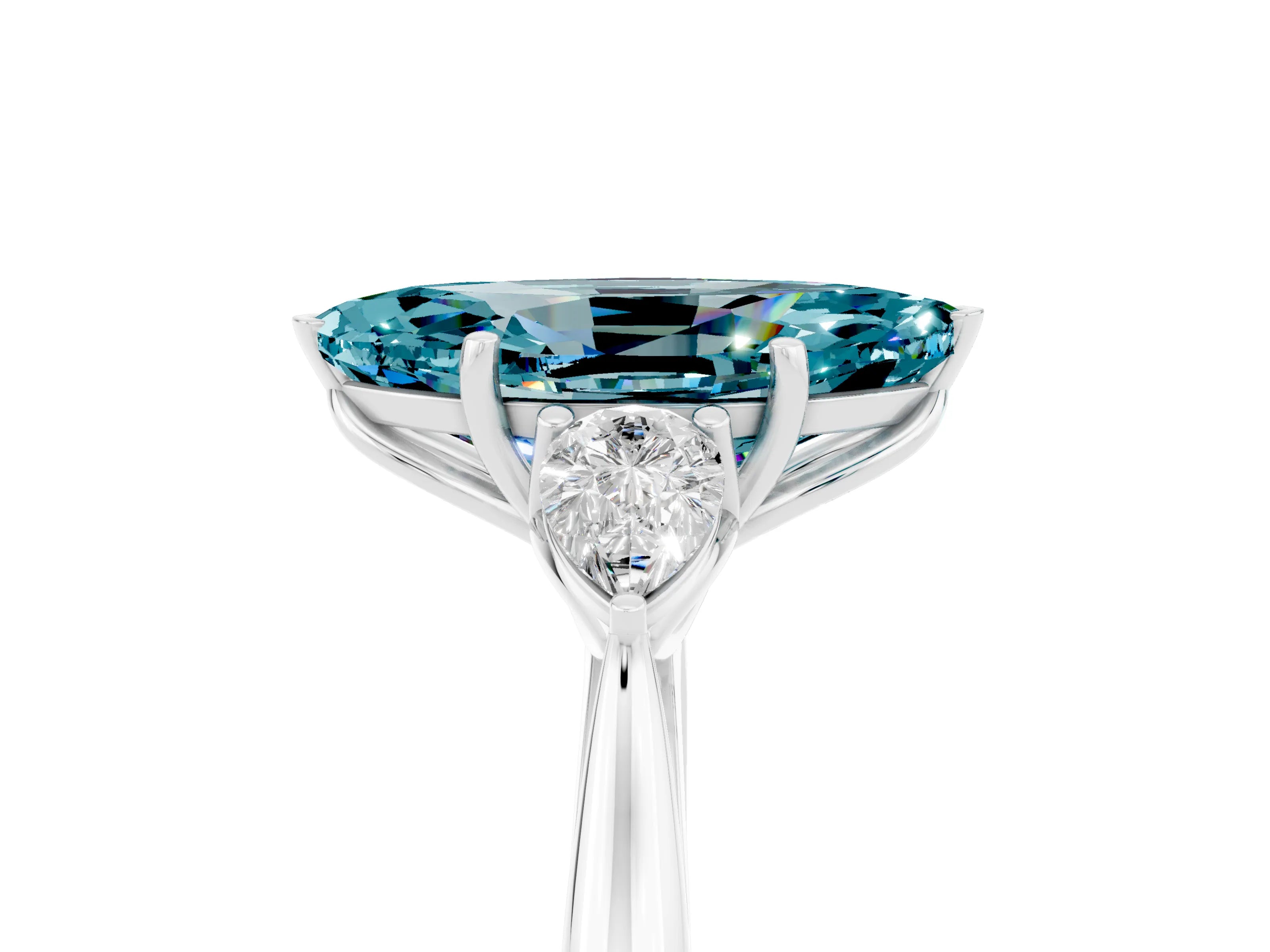 White gold Marquise Cut Blue Topaz Three-Stone Ring with Pear Side Stones and Four-Prong Setting_17