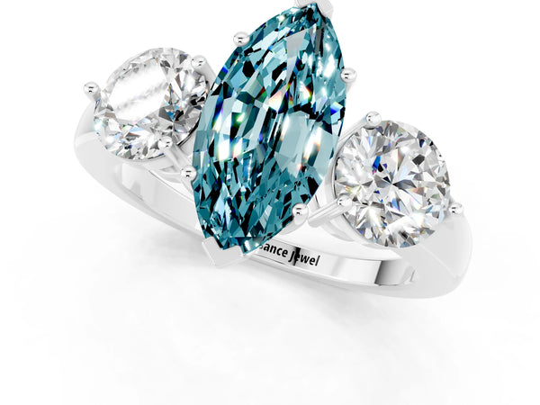 Silver Marquise Cut Blue Topaz Three-Stone Ring with Prong Setting and Classic Band