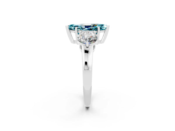 Platinum Marquise Cut Blue Topaz Three-Stone Ring with Prong Setting and Classic Band