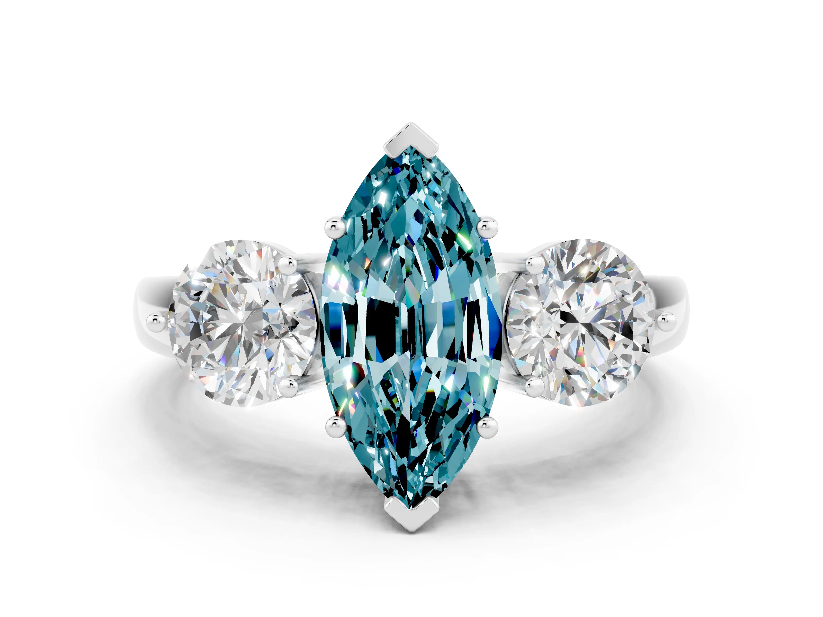 White gold Marquise Cut Blue Topaz Three-Stone Ring with Prong Setting and Classic Band
