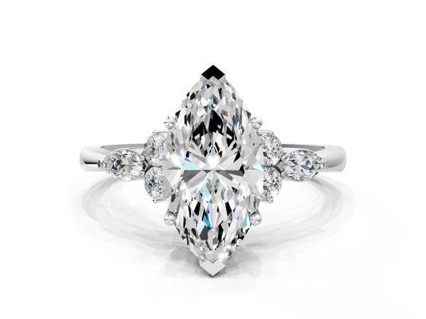 White gold Marquise Cut Brilliant Diamond Solitaire Ring with Pear Side Stones and Four-Prong Setting