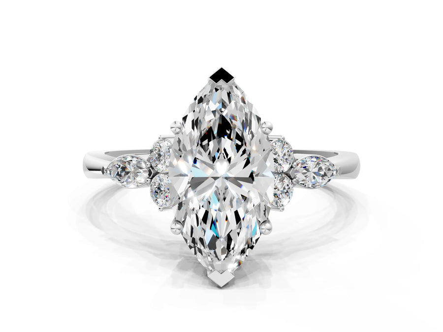 White gold Marquise Cut Brilliant Diamond Solitaire Ring with Pear Side Stones and Four-Prong Setting