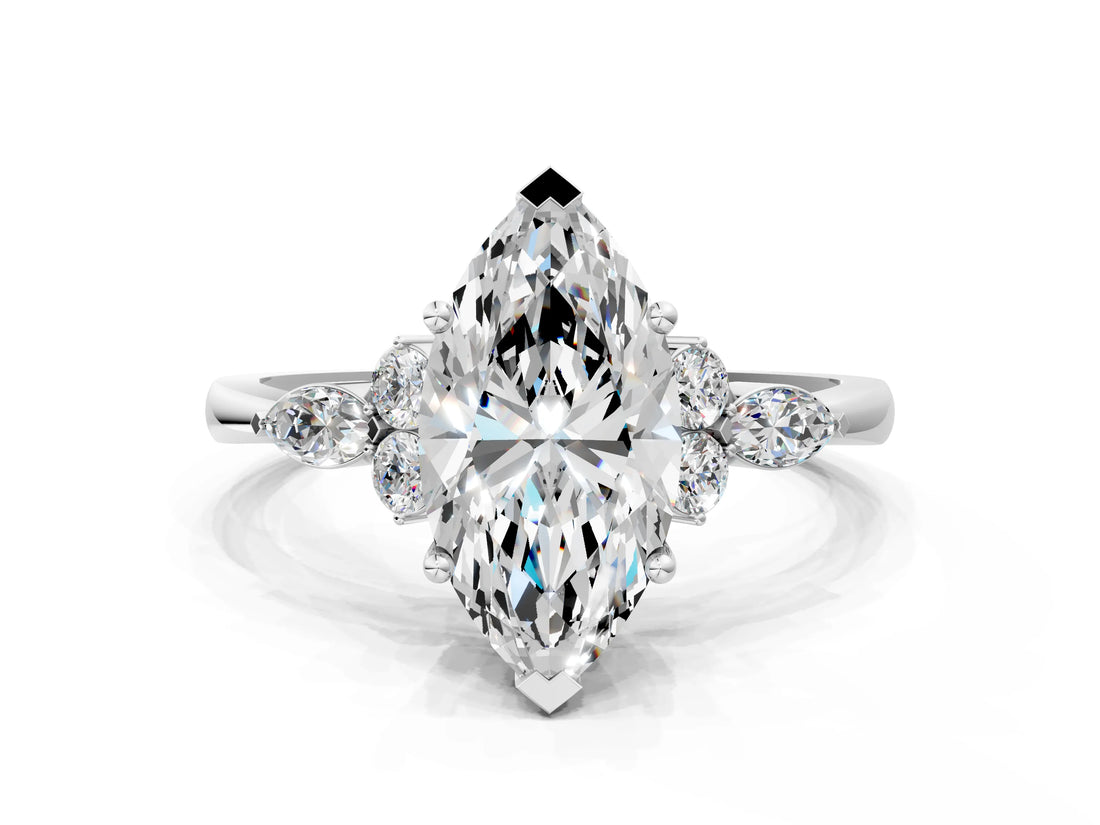White gold Marquise Cut Brilliant Diamond Solitaire Ring with Pear Side Stones and Four-Prong Setting_12