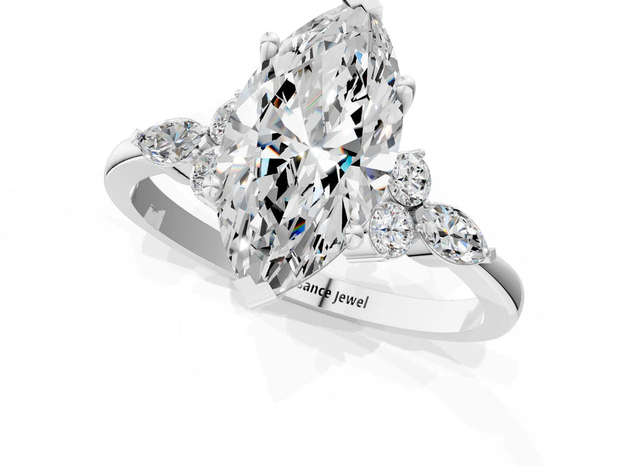 White gold Marquise Cut Brilliant Diamond Solitaire Ring with Pear Side Stones and Four-Prong Setting