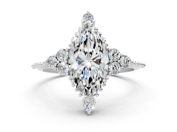 White Gold Marquise Vintage Cluster Engagement Ring Setting with Beaded Band
