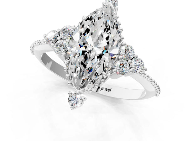 White Gold Marquise Vintage Cluster Engagement Ring Setting with Beaded Band
