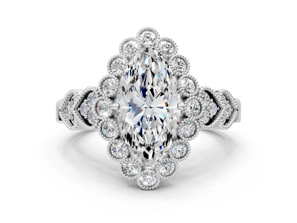 White gold Round Brilliant Milgrain Pave Heart Band Solitaire Ring