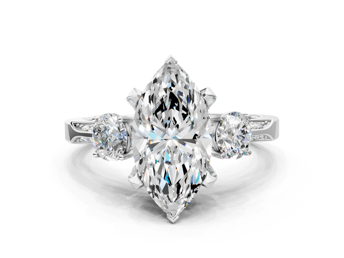 White gold Marquise Cut Brilliant Three-Stone Diamond Ring with Pavé Band and Four-Prong Setting_7