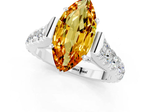 White gold Marquise Cut Citrine Classic Solitaire Ring with Pavé Band and Four-Prong Setting_1