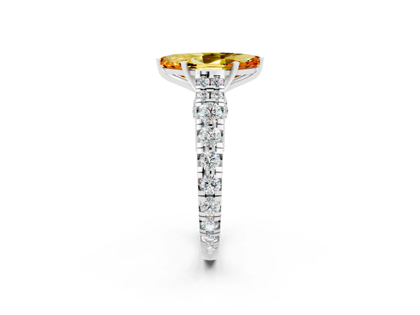 Platinum Marquise Cut Citrine Classic Solitaire Ring with Pavé Band and Four-Prong Setting