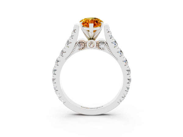 White gold Marquise Cut Citrine Classic Solitaire Ring with Pavé Band and Four-Prong Setting