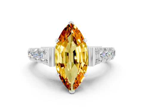White gold Marquise Cut Citrine Classic Solitaire Ring with Pavé Band and Four-Prong Setting