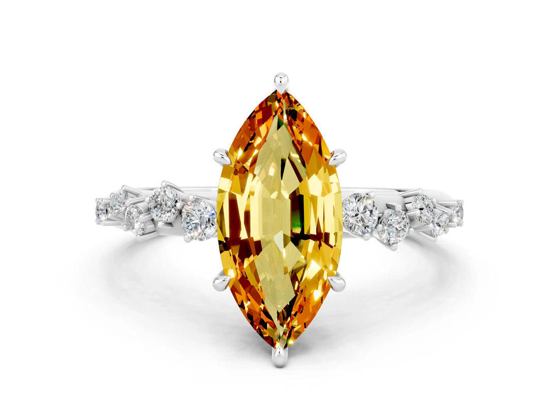 White gold Marquise Cut Citrine Cluster Side Stone Solitaire Ring with Prong Setting_24
