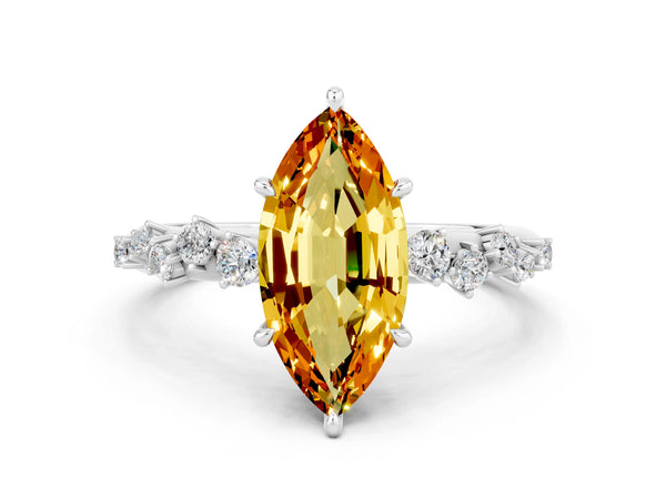 White gold Marquise Cut Citrine Cluster Side Stone Solitaire Ring with Prong Setting