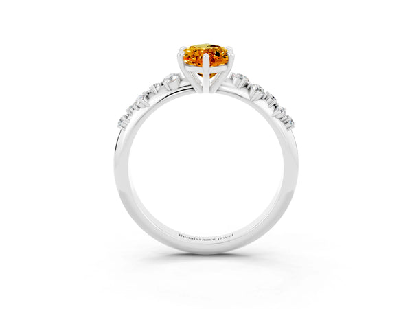 Silver Marquise Cut Citrine Cluster Side Stone Solitaire Ring with Prong Setting